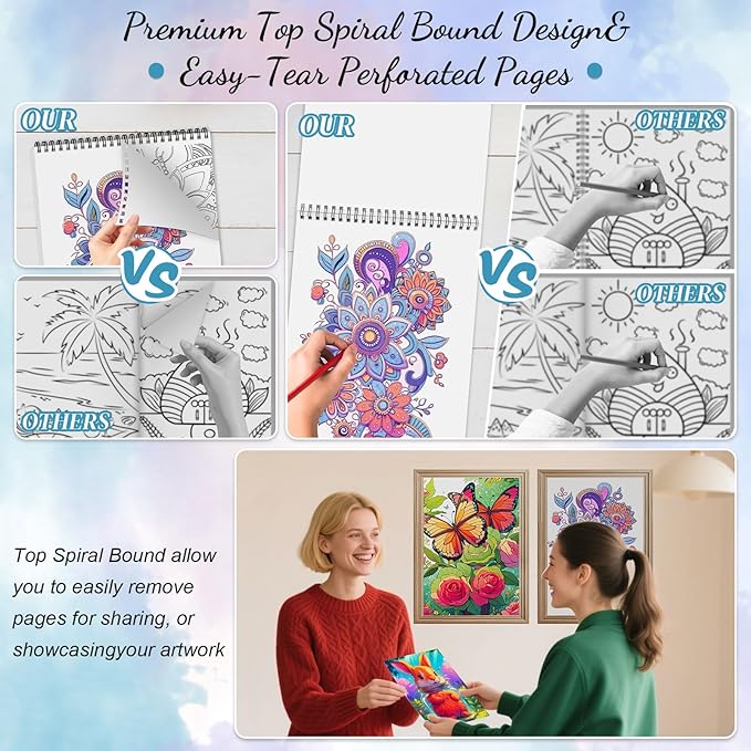 3Pcs Coloring Books for Adults Relaxation, Coloring Book Adult, Libros Para Colorear, Spiral Bound Printed On One Side, Mandala Coloring Book for Adults with 72 Patterns(Mandala & Butterfly & Wishing)