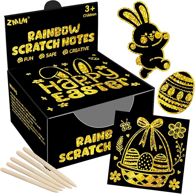 ZMLM Easter Basket Stuffers for Kids，165 Rainbow Scratch Paper Art Notes: Easter Crafts for Kids Ages 4-8, Gifts Girls Boys Toys Classroom Prizes for Students School Activity(Gold Holographic)