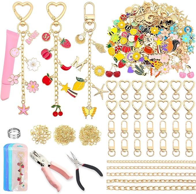 526Pcs Charms Lip Gloss Keychain Making Kit, DIY Keychain Supplies with 200 Charms, 28 Clasps, Jump Rings, Chain, Jewelry Plier, Hole Punch, Bag Charm Kit, Jewelry Making Kit for Crafting Keychains
