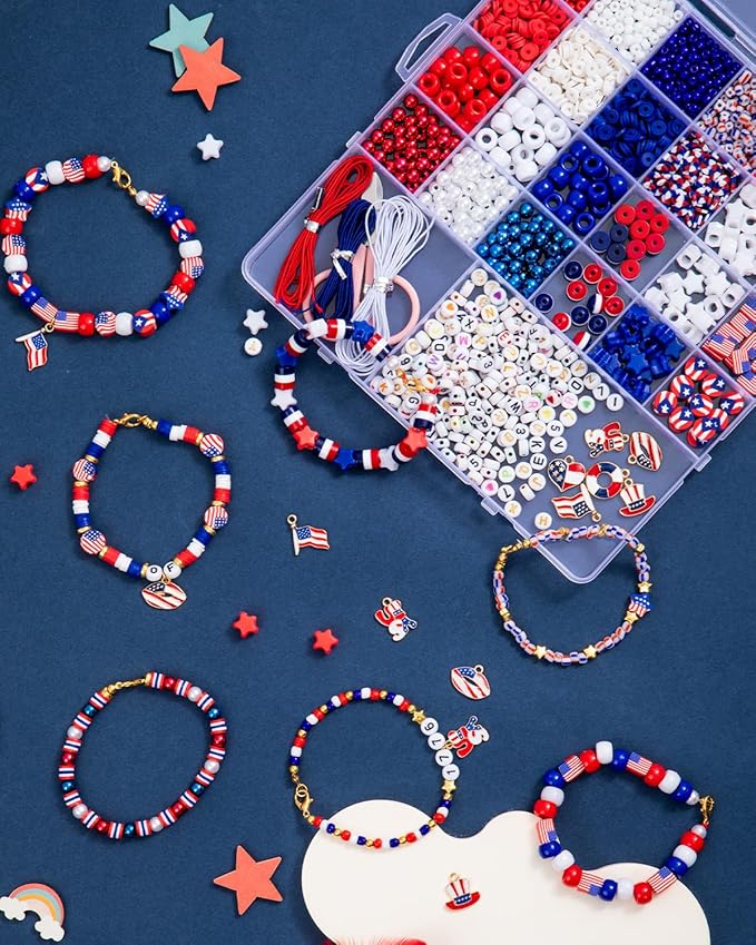 Goldwise 1578Pcs 4th of July Red White Blue Beads Bracelet Making Kit with Clay Seed Plastic Pony Pearl Beads, Patriotic USA Flag Star Beads, Metal Charms Earrings for Jewelry Making