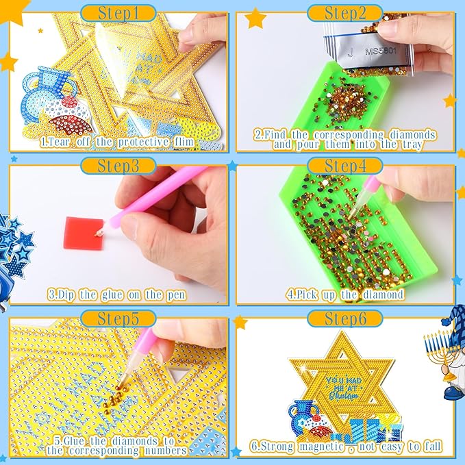 Zonon 6 Pcs Hanukkah Diamond Art Painting Hanging Sign Set Hanukkah Star Diamond Art Adults 5d DIY Craft Acrylic Pendant Ornaments Kits for Home Wall Door Window Decor