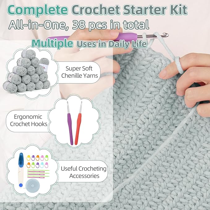 Aeelike Blanket Crochet Kit for Beginners, Easy Crochet Blanket Kit with Soft Chenille Yarns Detailed Instruction Crocheting Accessories Complete Beginners Crocheting Kits, Cyan-Gray