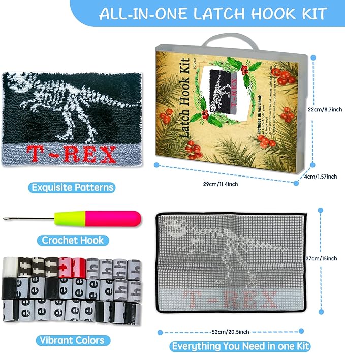 MIAOLLUN Latch Hook Kits for Adults Beginner 3D Dinosaur Pattern Printed Canvas Crochet Needlework Craft Rug Cushion Mat Tapestry 20.5X15 Inch,T.rex