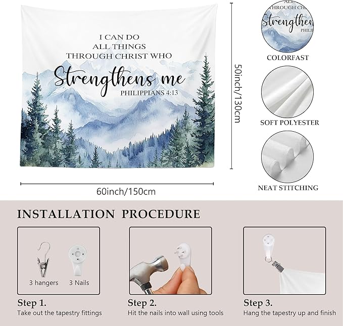 MNASAIOO Christian Mountian Woods Wall Tapestry Hanging for Bedroom, Bible Verse Scripture I can Do All Things through Christ Tapestries, Watercolor Wall Decor for Living Prayer Room Church 50x60in