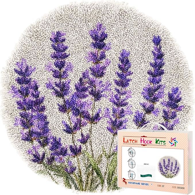 Latch Hook Rug Kit Lavender Flower Stamped Handmade Round Shape Carpet Crochet Yarn Craft DIY Hook and Latch Door Mat Tapestry for Christmas Home Floor Decor 50x50cm(1)