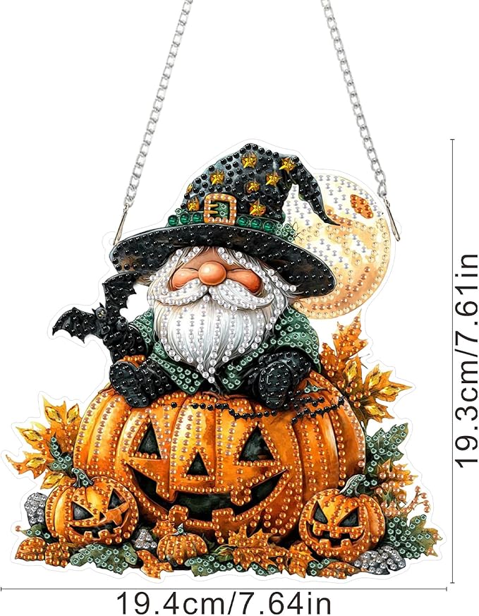 SENQAO Halloween Diamond Art Hanging Kits for Adults Beginners, DIY Acrylic 5D Special Shaped Crystal Diamond Gem Art Painting Hanging Ornament for Home Wall Decor and Gift（Gnome Pumpkin Bat）
