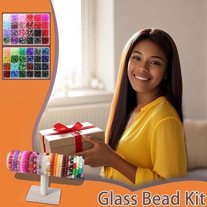 LIS HEGENSA 8MM 48Color Glass Beads for Bracelet Making Kit, 1700pcs+ Round Crystal Glass Beads Jewelry Making Kits, Bead Starter Kit for DIY Crafts,Friendship Bracelets (48Color(1700PCS))