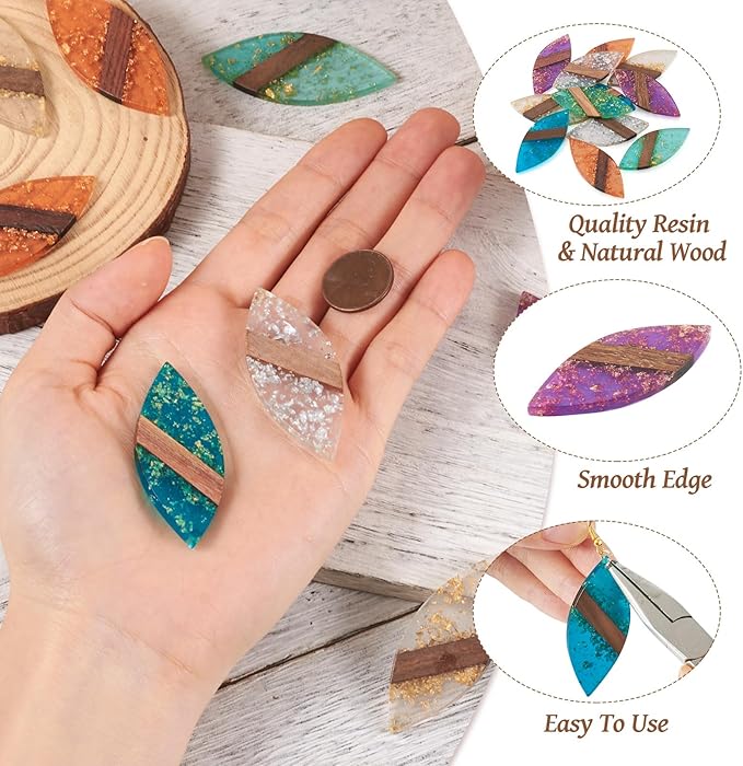 Beadthoven Leaf Natural Wood Earring Charms, 12Pcs/6 Pairs Colorful Clear Leaves Resin Charms with Gold Foil for DIY Dangle Wooden Earring Making Supplies