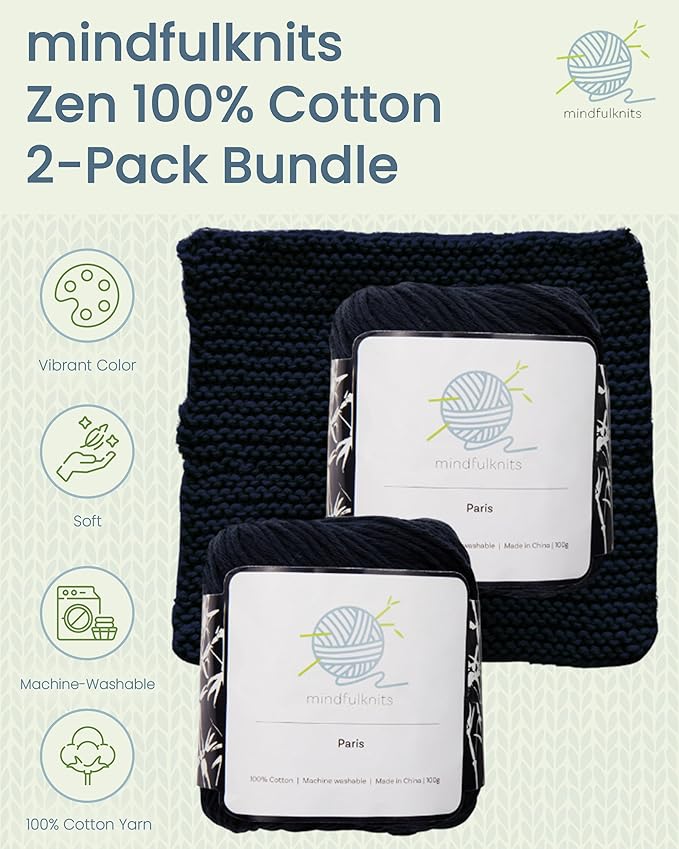 Knitting Yarn, Crochet Yarn, Mindfulness and Relaxation 100 Percent Cotton Yarn, Single Color 2-Pack - Medium Number 4 Worsted Bundle, Soft & Gentle for Garments, Amigurumi, Baby Items by mindfulknits