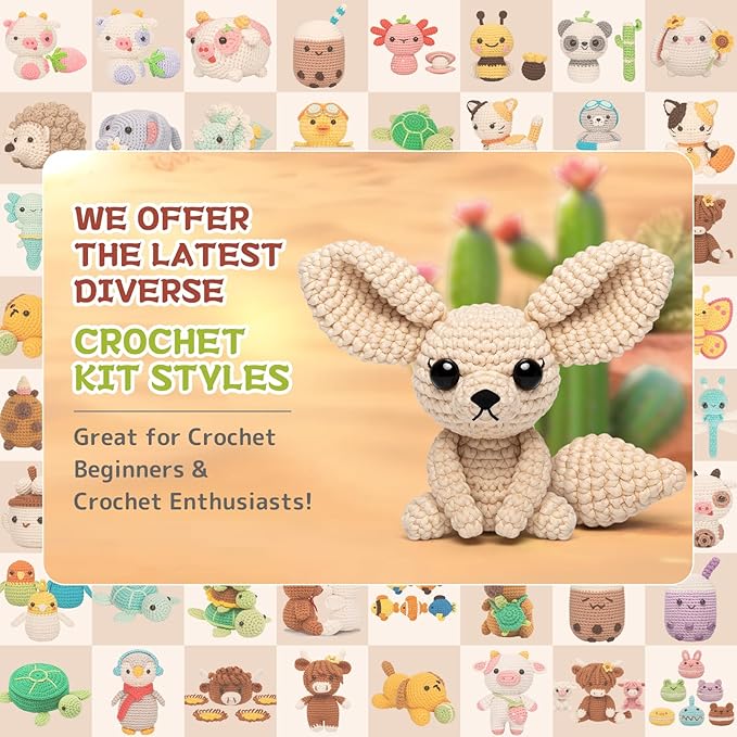 Mewaii Crochet Kit for Beginners Level 1 with 40% Extra Eco-Friendly Pre-Started Easy Yarn, Step-by-Step Video Tutorials for Adults and Kids (Fennec Fox)