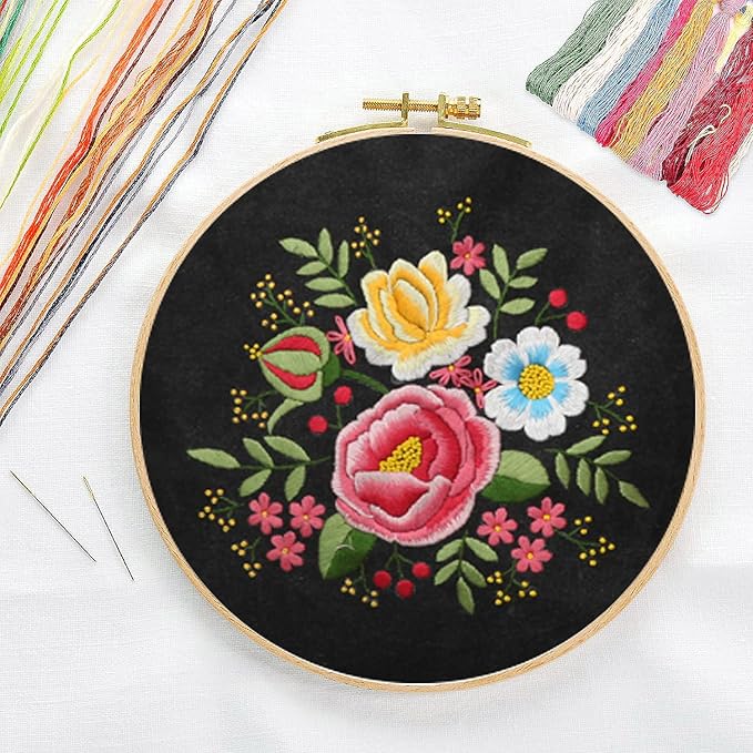 CREAWONDER Canvas Tote Bag Embroidery Kit with Pattern for Beginners, Arts and DIY Embroidery Crafts Kits for Adults, Include Instructions, Thimble, Embroidery Hoops, Color Threads and Tool