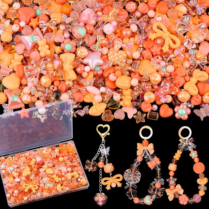 200-260PCS TINKRSTUFF Assorted Acrylic Beads Orange Cute Beads for Bracelet Making,Bow Aesthetic Star Flower Butterfly GummyBear Kawaii Charms for Jewelry Necklace Making DIY Keychain Phone Charm