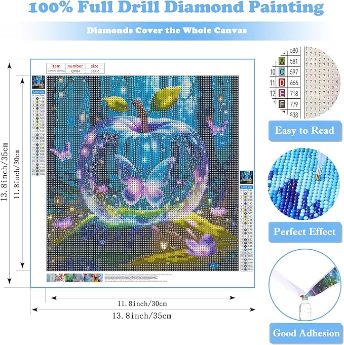 Butterfly Diamond Art Kits for Adults, Butterfly Diamond Painting for Beginners, Crystal Apple Diamond Dot, Dimond Art Paintings, Gem Painting Kit, Crafts for Adults, Home Wall Decor Gifts (14x14inch)