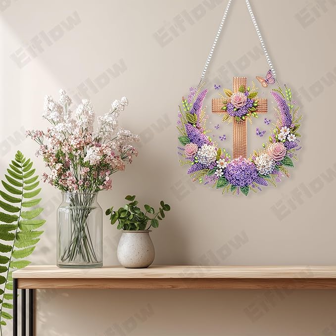 Eiflow Acrylic Diamond Art Hanging Kit for Adults, DIY Diamonds Painting Door Hanging Board Kit, Special Crystal Diamond Art Painting Pendant Ornament (Cross)