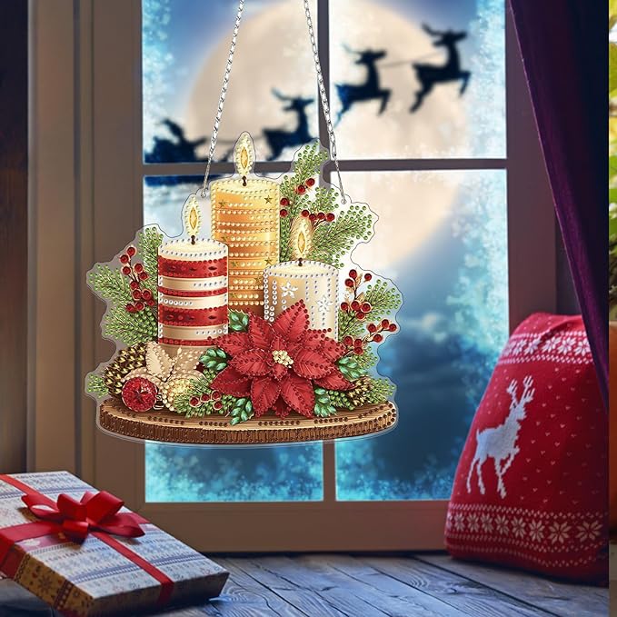 Bowetile Christmas Diamond Art Hanging Kits for Adults, Candle Diamond Art Suncatchers, 5D Special Shape Diamond Painting Pendant Window Ornament Christmas Gifts for Home Door Wall Decor