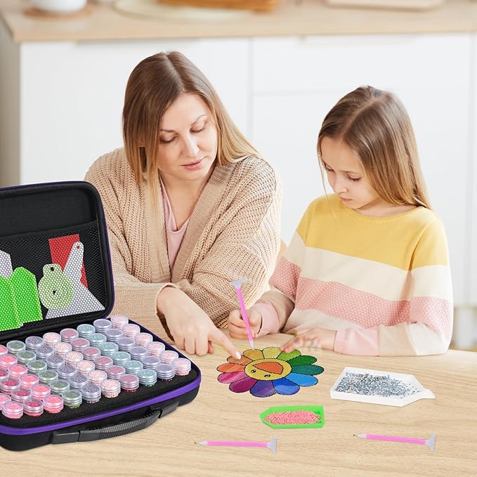 MERATIA 60 Slots Diamond Painting Storage Container, Diamond Art Kits for Adults Stackable Bead Organizer with Carrying Handle, Craft Storage Box with Accessories (Purple-60 Slots)