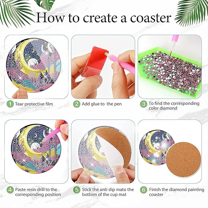 EWJRNSF 8 PCS Small Diamond Painting Coasters Kit, Fall Art Coasters for Adults Beginners, Arts and Crafts Supplies Item Sets Not with Holder Moon