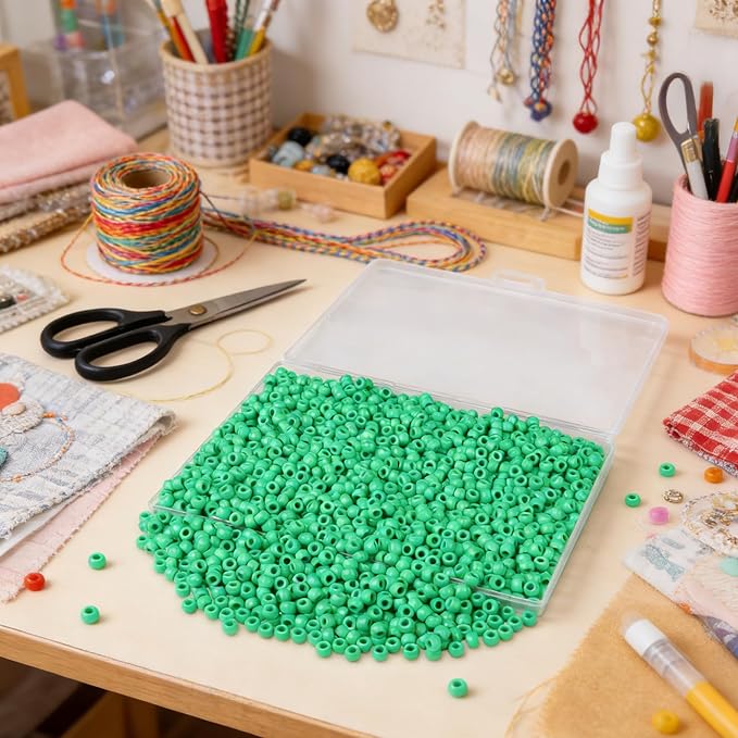 1000 Pc Boxed Light Green Pony Beads Bulk, 9MM Plastic Craft Beads with Large Hole, Green Hair Bead for Braids, Bracelet Bead for Jewelry Making