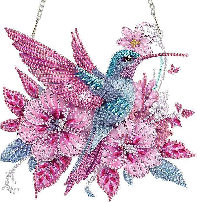 MEIYUDA Flowers Birds Diamond Art Hanging Kits for Adult, Hummingbird Diamond Painting Hanging Kits Ornaments, DIY Special Shaped Rhinestone Window Pendants kit for Home Garden Wall Decor Gift