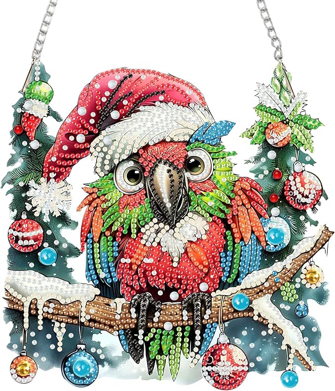 SENQAO Christmas Diamond Art Hanging Kits for Adults Kids, Parrot Diamond Art Suncatchers, 5D Special Shape Diamond Painting Pendant Window Ornament Gifts for Home Door Wall Decor