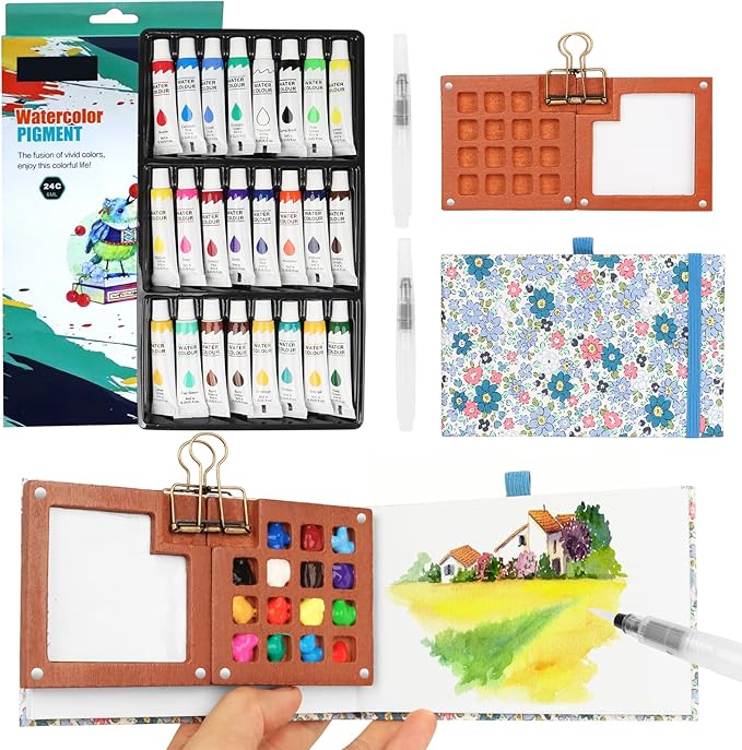 Travel Watercolor Set，Mini Paint Palette Travel kit，Mini Water Color Paint Set，Wooden 15 Grid Paint Box,24 Colors Small Watercolor Sketchbook for Artists Painters Students(Blue)