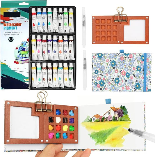 Travel Watercolor Set，Mini Paint Palette Travel kit，Mini Water Color Paint Set，Wooden 15 Grid Paint Box,24 Colors Small Watercolor Sketchbook for Artists Painters Students(Blue)