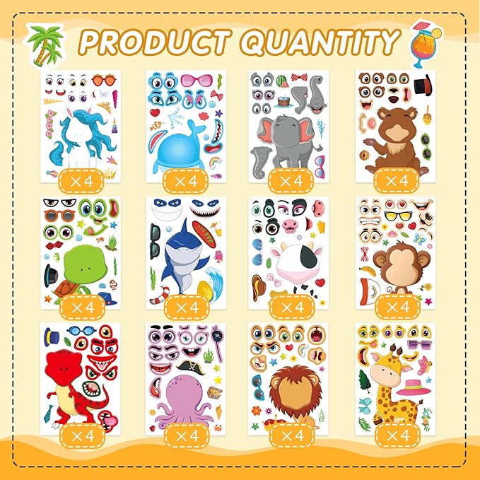 48 sheets make a face stickers for kids, make your own animal mix and match sticker sheets with safaris, sea and fantasy animals party favors supplies