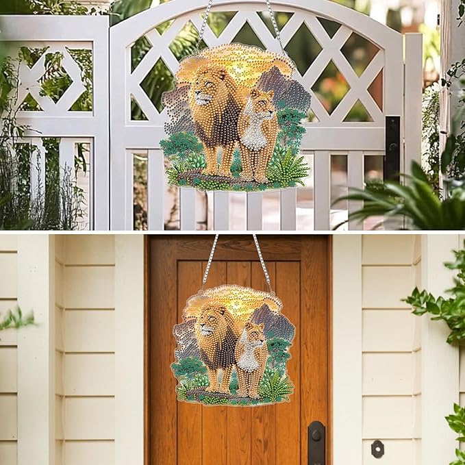 MXJSUA Lions Animals Diamond Art Hanging Kits for Adults Beginners, DIY Acrylic Special Shaped Crystal Animals Diamond Gem Art Pendant Drills Painting Ornament for Home Wall Decor and Gift
