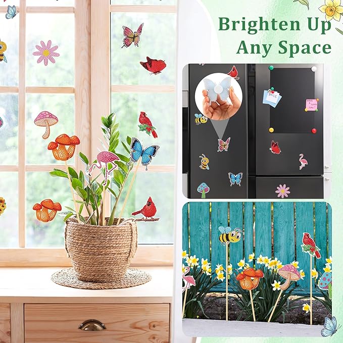 Sliner 20 Pcs Diamond Art Kits for Adults for Garden Decor with Butterfly, Hummingbird, Flowers, Bee, Mushrooms, Diamond Art Kit with Stakes Dot Ornaments Kits for Outdoor Yard Decoration Crafts
