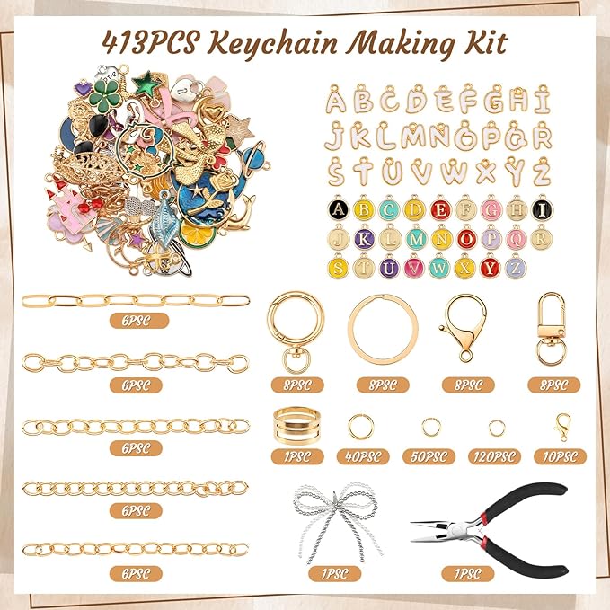 BESARME 413PCS Charms Lip Gloss Keychain Making Kit DIY Keychains Including Key Chain Hooks, Jump Rings, Lobster Clasps, Jewelry Making Kit for DIY Craft Gifts
