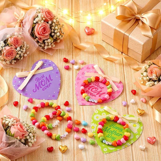 Kigeli 24 Pcs Mother's Day Craft Jewelry Bracelet Making Kit with Heart Beads, Mom Letter Beads, Organza Bags, Ribbon, Elastic Cord & Cards for DIY Bracelets