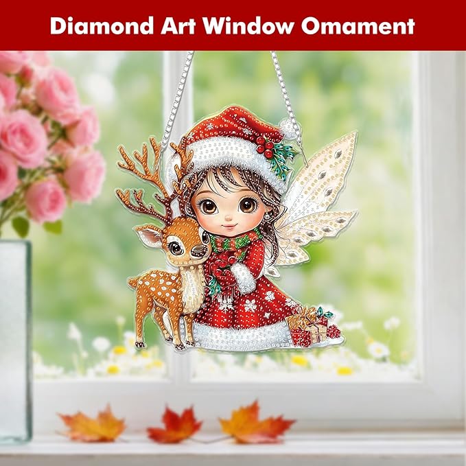 Miwixy Christmas Hanging Diamond Art Kits for Adults,Xmas Deer Special Shaped Crystal Fairy Diamond Painting Ornament Kit DIY Double-Sided Pattern Window Pendant Gem Art Kit for Home Wall Decor