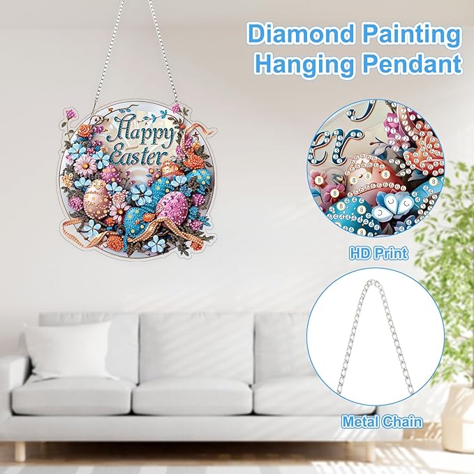 TOSTOG Easter Egg Plate Diamond Art Pendant Kits for Adult, Pink Diamond Painting Hanging Kit for Beginners, 5D DIY Crafts Gem Art, Waterproof Full Accessories for Home Decor Idea 20 * 20 cm/8 * 8 in