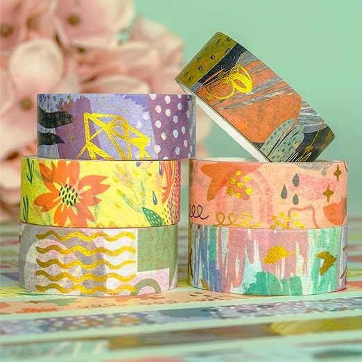 YUBBAEX 10 Rolls Geometric Washi Tape Set Gold Foil Masking Modern Arts Decorative Tapes for Arts, DIY Crafts, Journals, Planners, Scrapbook, Wrapping