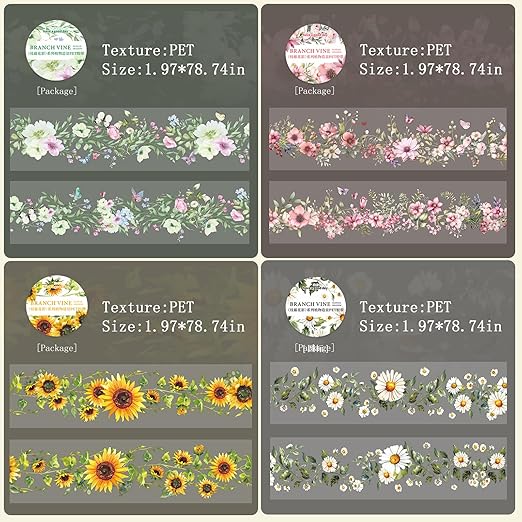 6Rolls Floral Washi Tape Set PET 50mm Wide Washi Sticker for Junk Journaling Stickers Scrapbook Stickers Vintage Washi Tapes Scrapbooking Supplies Decorative Tape for Crafts, 6.6ft Long