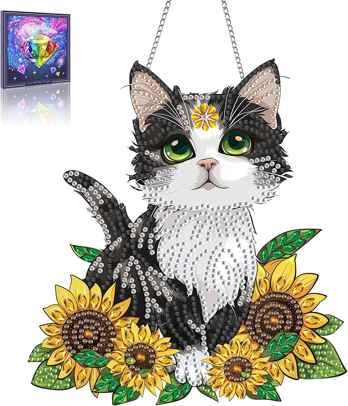 Wergund 5D DIY Cat Diamond Art Hanging Kits, Hanging Diamond Art Sunflower, Acrylic Special Shaped Rhinestone, Window Hanging Pendants for Home Wall Garden Front Door Outdoor Decor Gift(Cat)