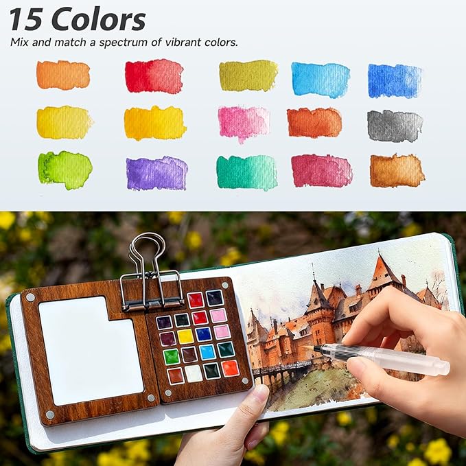 Mini Watercolor Paint Set,Portable Travel Watercolor Set,Pocket Watercolor Kit with Paint, Brush, Sketchbook & Metal Clip, Paint Water Cup and Crossbody Bag for Beginners, Painting Artists