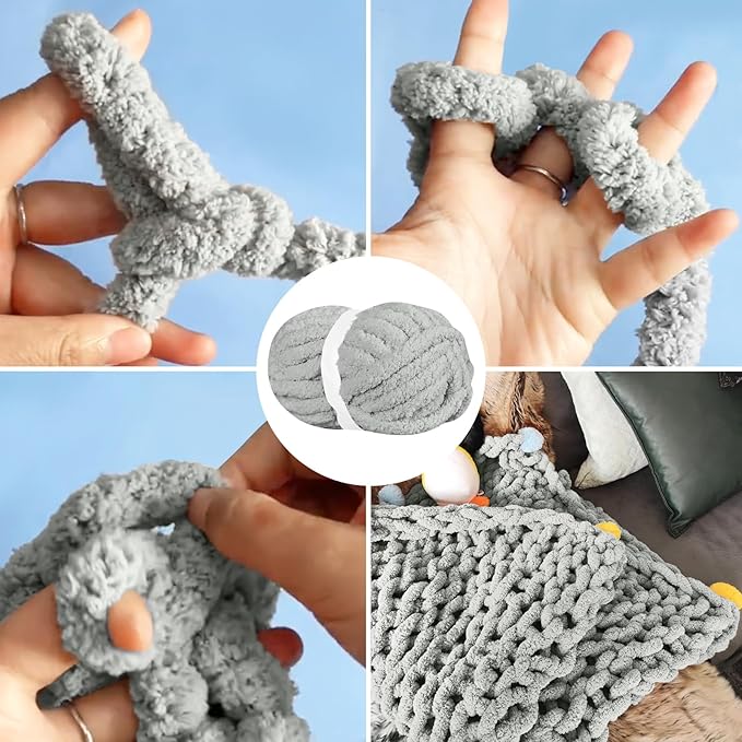 Chunky Chenille Yarn for Hand Knitting,Fluffy Soft Jumbo Yarn by Circular Needle & Crochet Hook,Super Bulky Big Yarn for Chunky Blanket,Large Thick Arm Knitting,8 Pack,Light Grey
