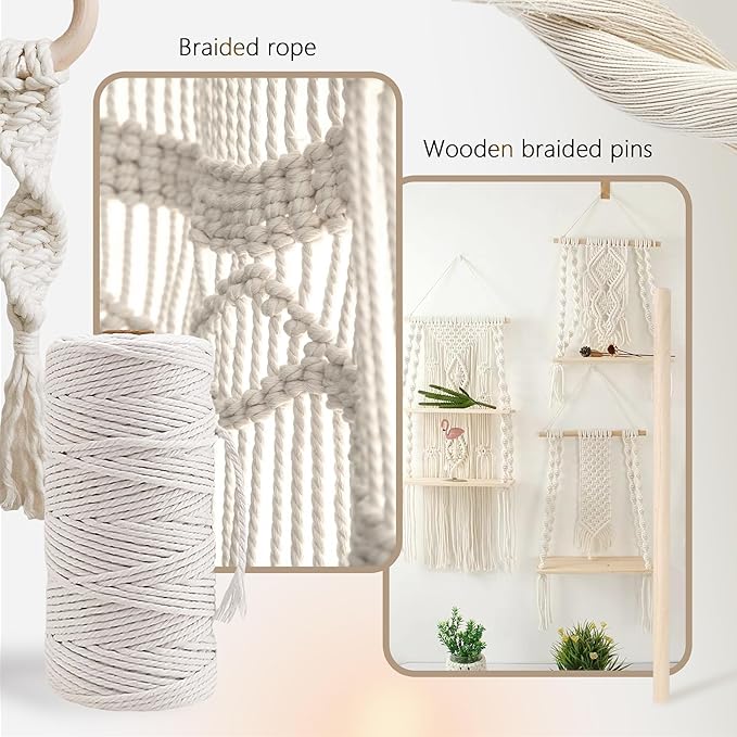 227pcs Macrame Kits 3mm 115yards Wall Hanging Natural Cotton Macrame Cord with Wooden Beads & Rings Wooden Sticks, Metal S-hooks Supplies for Hanging Plant Hand Tassel weaving
