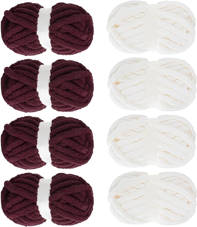 Mabozoo Assorted Chunky Fluffy Yarn for Crocheting & Knitting, Jumbo Chenille & Bulky Plush Yarn, Cream & Wine Red (31.7 yds, 8 oz Each)