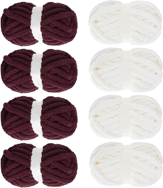 Mabozoo Assorted Chunky Fluffy Yarn for Crocheting & Knitting, Jumbo Chenille & Bulky Plush Yarn, Cream & Wine Red (31.7 yds, 8 oz Each)