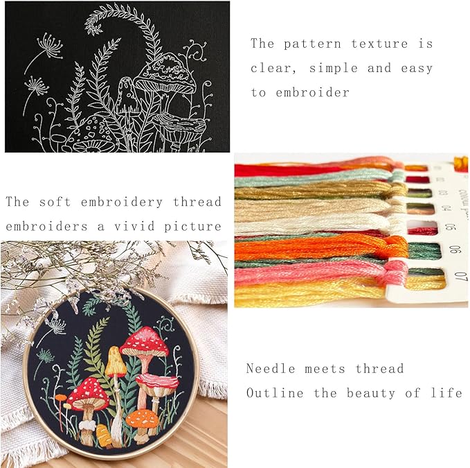 Silentsea Embroidery Kit, Floral and Nature Designs, 3-Pack with Hoops, Needlework Pattern Set (Mushroom)