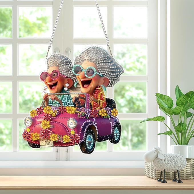 Funny Diamond Art Hanging Kits for Adults, Diamond Art Suncatchers Fun Senior Ladies, 5D Special Shape Diamond Painting Pendant Window Ornament Gifts for Home Wall Door Garden Decor