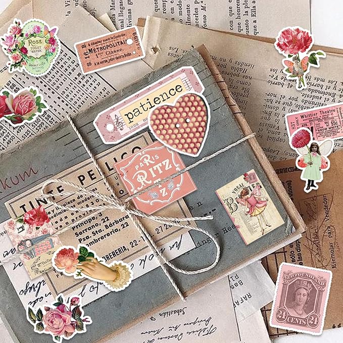 Vintage Stickers, 102 Pcs Scrapbooking Supplies for Bullet Journals, Planners, Letter, Card Album Making, Collage Art, Crafts, Water Bottle