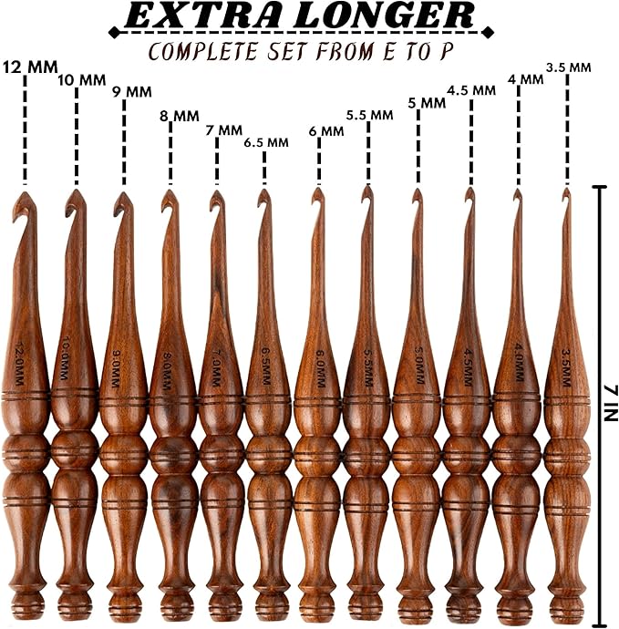 Bhartiya Handicrafts Wooden Crochet Hooks Set, 12pcs Ergonomic Knitting Needles - Rosewood, 3.5mm(E) to 12mm(P) - Includes Holder