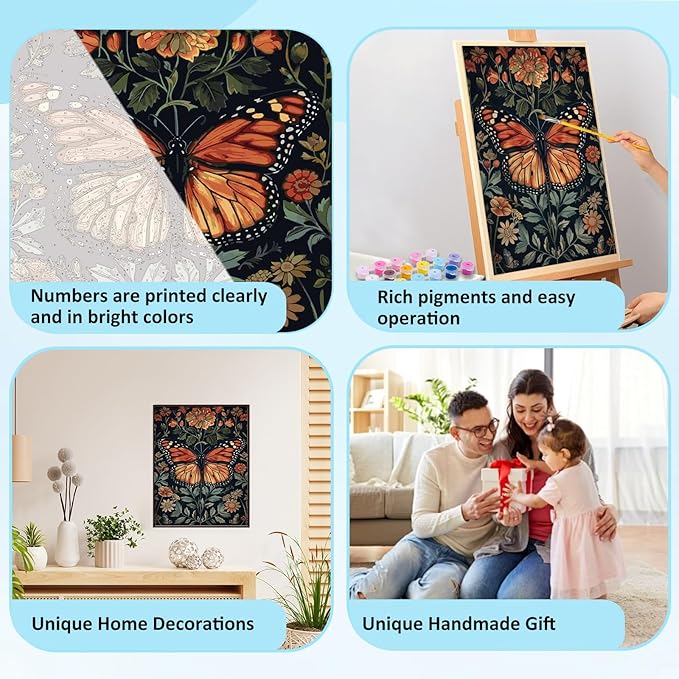Mnsdiyrs Butterfly Paint by Numbers for Adults, Paint by Numbers Kits for Adults Butterfly, Acrylic Adult Paint by Numbers Kits for Gift Home Wall Decor 16x20 Inch