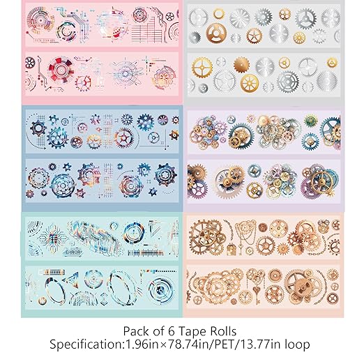 6 Rolls PET Tape Stickers for Journaling Supplies, Colorful Gears Circuit Themed Journal Tape Stickers for Journaling, Scrapbooking, Junk Journal Supplies, DIY Crafts (Fantasy)