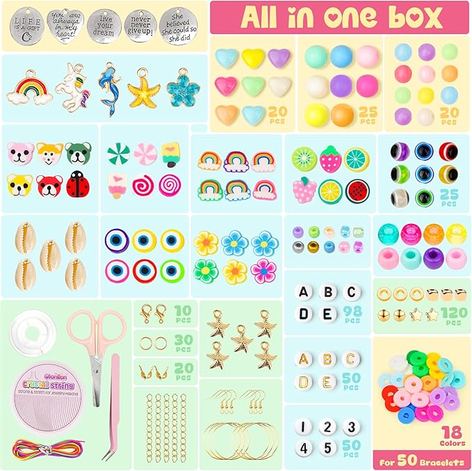 Gionlion Easter Basket Stuffers for Girls 8-12, Bracelet Making Kit Arts and Crafts for Jewelry Making Supplies Kit with 198Pcs Letter Beads, Unicorn/Mermaid DIY Birthday Christmas Easter Gifts