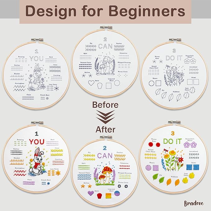 bradove embroidery kit for beginners, learn to embroider top 29 stitches and cute patterns with video tutorial and instruction booklet, beginner embroidery kit for adults kids, stitches kit