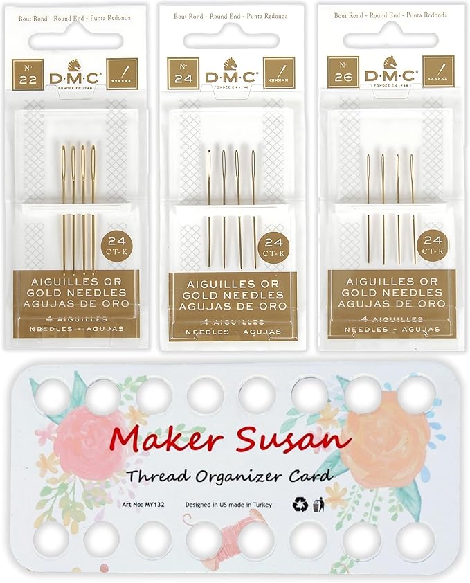 DMC Size 22-24-26 (3 Pack) Gold Cross Stitch Needles Kit, Large Eye Round End Embroidery and Tapestry Hand Needles with Maker Susan Embroidery Thread Holder Organizer Card (12 Needles, 1 Org Card)